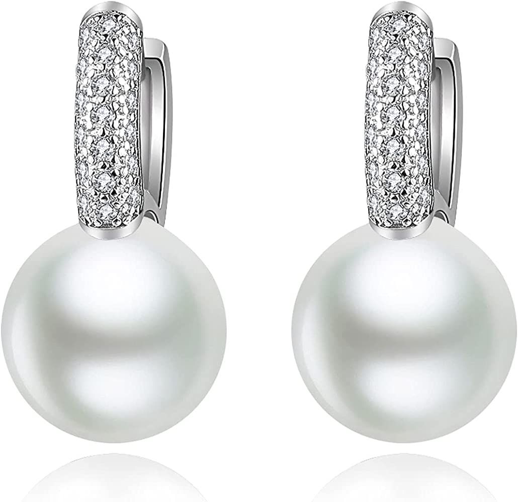 Pearl Dangle Earrings for Women Girls 14K White Gold Plated Cubic Zirconia pearl Hoop earring Gif... | Amazon (US)