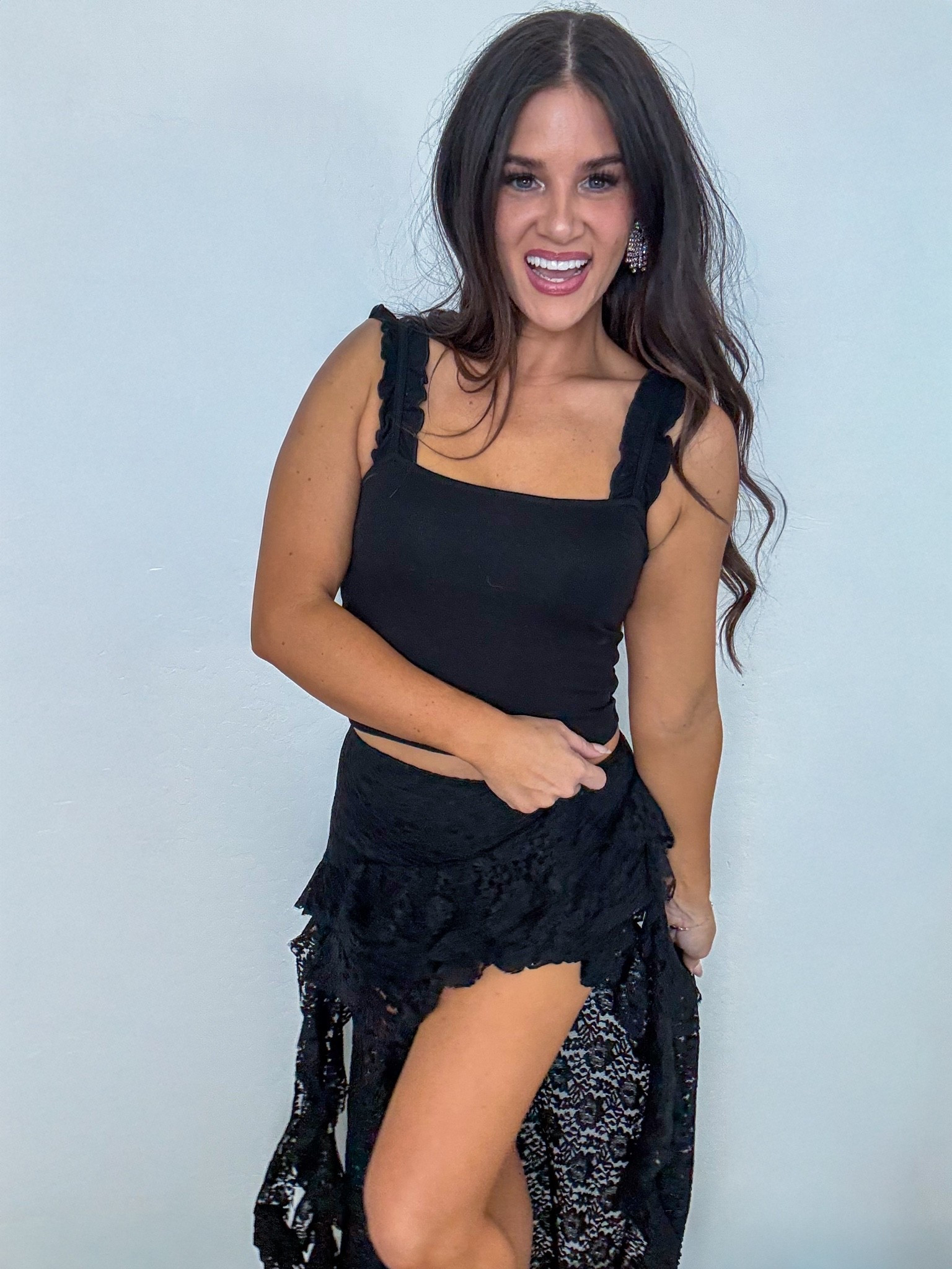 An all-black moment, but make it a little extra 🖤✨
The ruffle straps + lace skirt give this look so much movement and detail, and it’s such an easy one for girls’ night, date night, concerts or any excuse to get dressed up.

Skirt & earrings were gifted from @Chicwish , and I linked the full look here 🤍

#LTKStyleTip #LTKFinds #LTKFashion #Chicwish #Gifted #AllBlackOutfit #GirlsNightOutfit #DateNightStyle #GoingOutLook #LaceSkirt #FeminineStyle

#LTKootd #LTKSeasonal #LTKgrwm