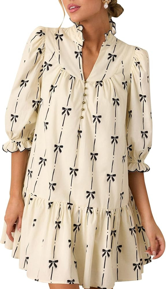 Women Puff Three-Quarter Sleeve Mini Dress Mock V Neck Babydoll Short Dress with Bow Print | Amazon (US)