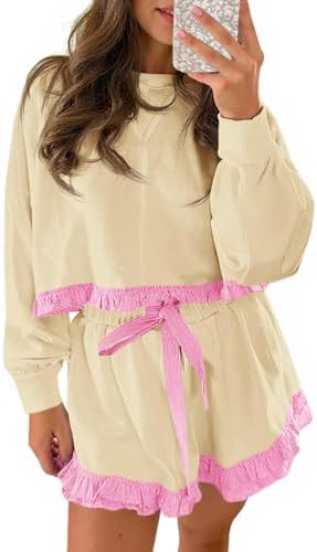 Fisoew Women's 2 Piece Lounge Sets Color Block Ruffle Cropped Sweatshirts Loose Drawstring Waist ... | Amazon (US)