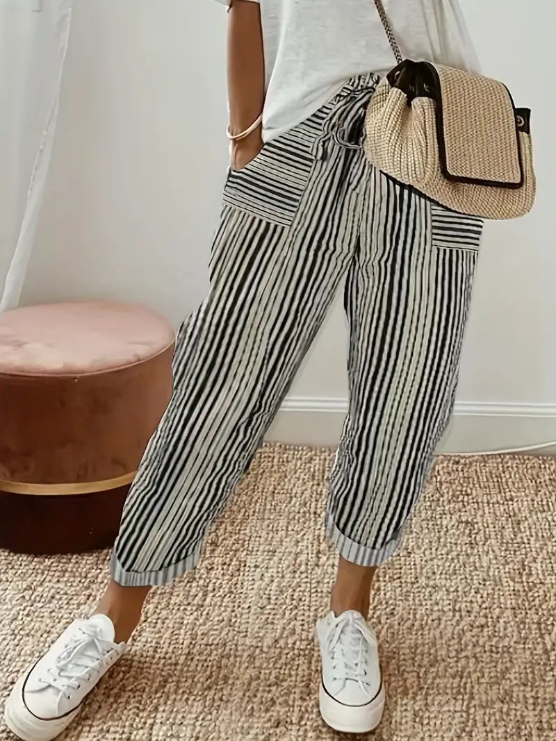Striped Drawstring Loose Pants, Casual Patched Pocket Pants For Spring & Fall, Women's Clothing | Temu Affiliate Program