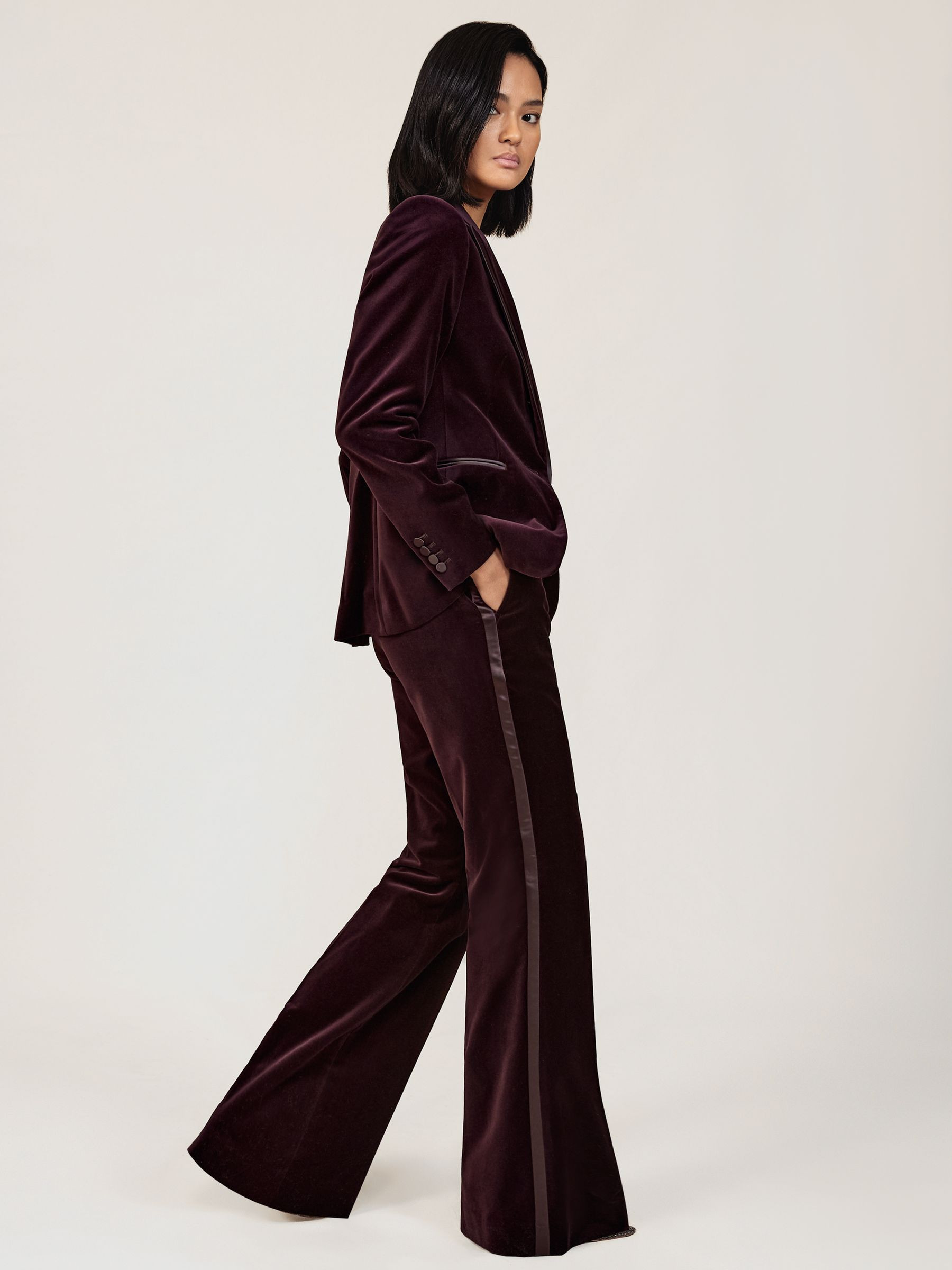 Velvet Tuxedo-Stripe Flared Trousers in Burgundy | Reiss UK