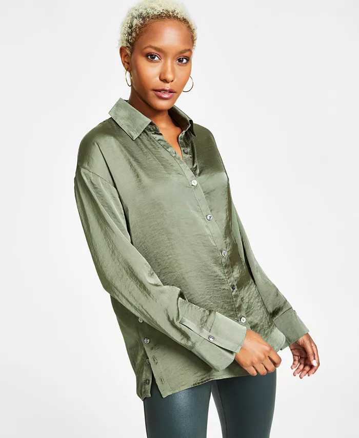 Bar III Women's Shine Button-Up Blouse, Created for Macy's - Macy's | Macy's