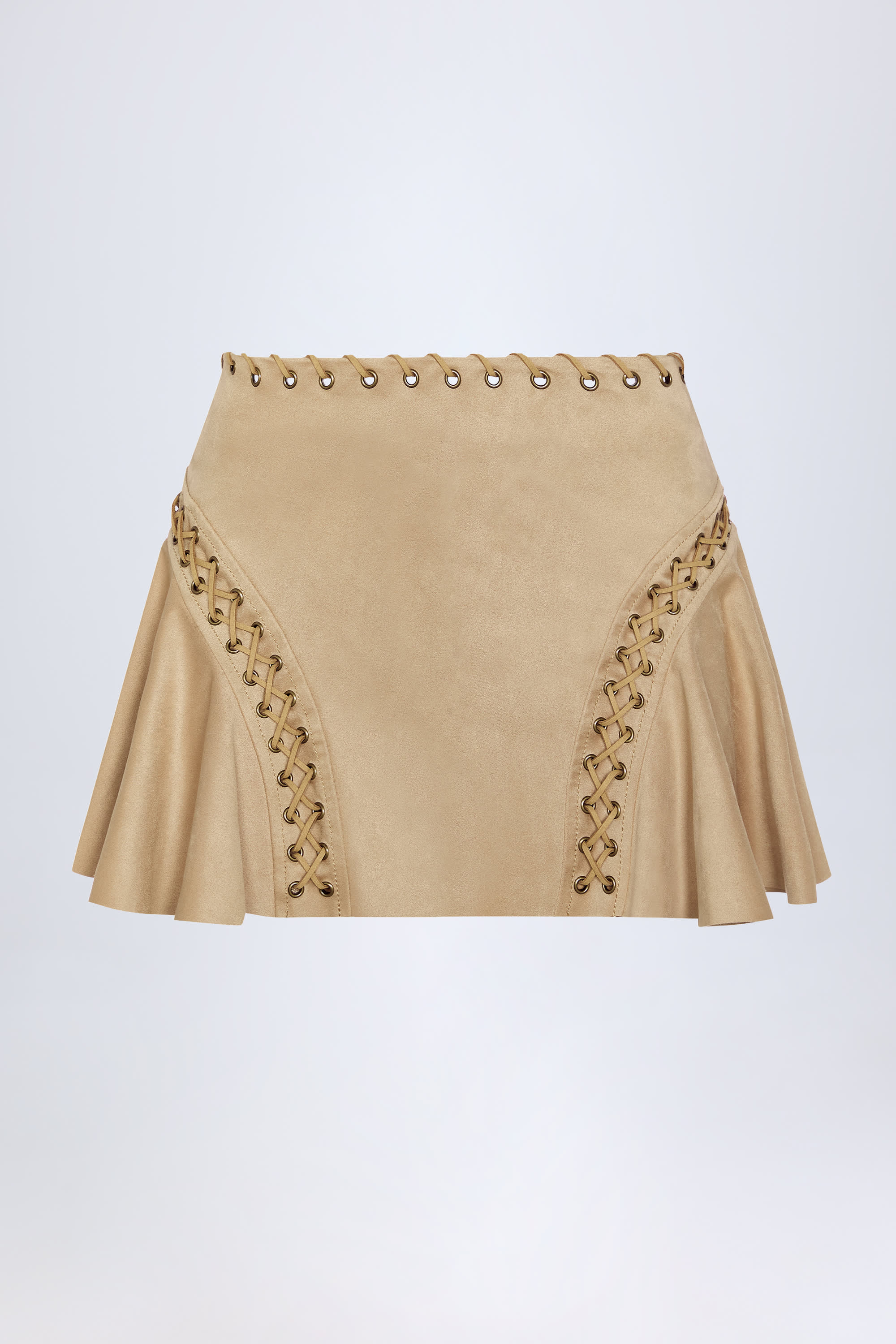 Lace-Up Mid-Rise Mini Skirt in Tan | Oh Polly
