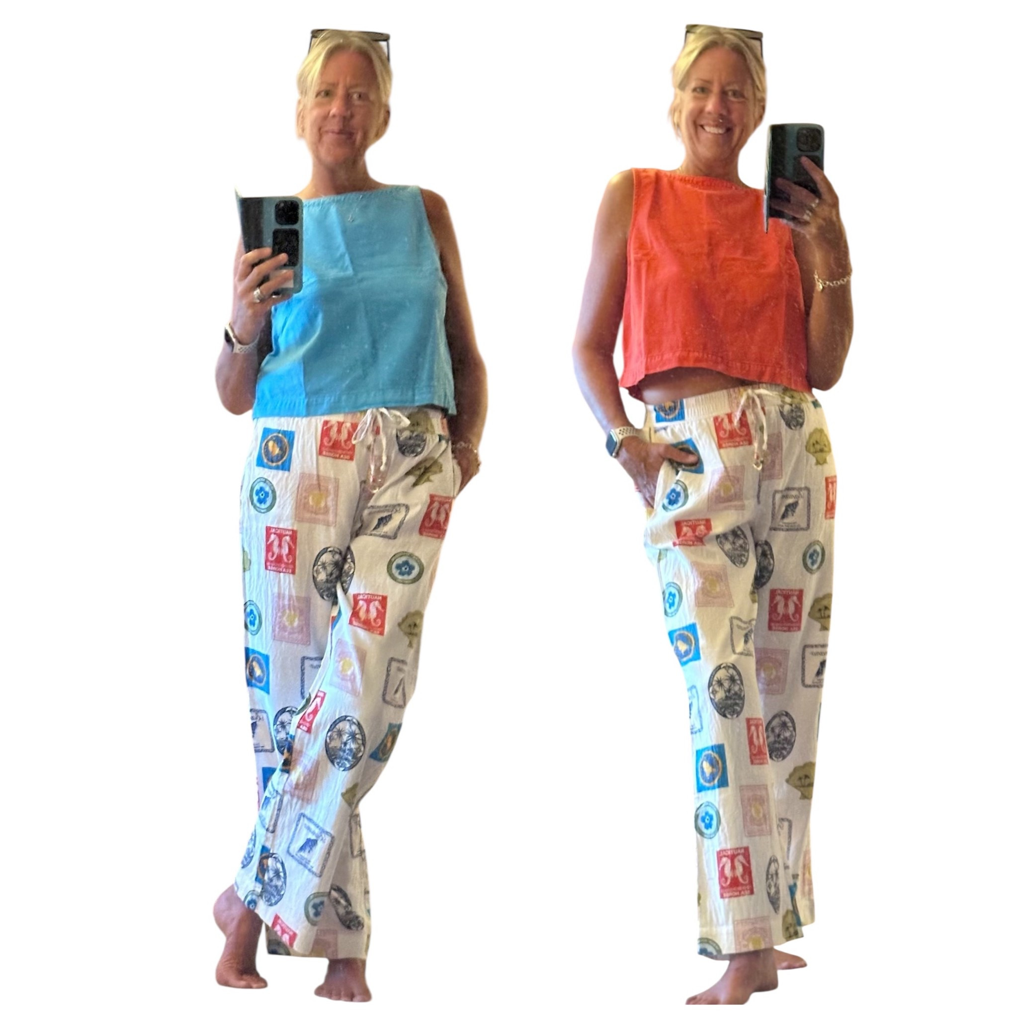 Do you prefer these linen pants with the red or blue top? 

The pants have nautical stamps in an all over print . They are comfortable linen material with a thin draw  string waist .  

A perfect boat or beach vibe , or maybe they are just great for lounging around in .   I am a lover of all things linen! 

The tops are from Gap . They have three buttons down the back of neck and are a soft cropped denim material .  A great vibrant summer vibe .  They would also look great with a maxi skirt or shorts !  Currently 40% off sale price!

Cropped tops @gap
Linen pants @marshalls

#summer
#nauticalvibe
#linen
#loungewear
#vibrant
#comfortable
#fashionablesixties
#gap
#marshalls


#LTKcanada #LTKsummer #LTKsale
