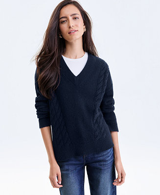 Women's 100% Cashmere Placed Cable-Knit V-Neck Sweater, Macy's Exclusive | Macy's