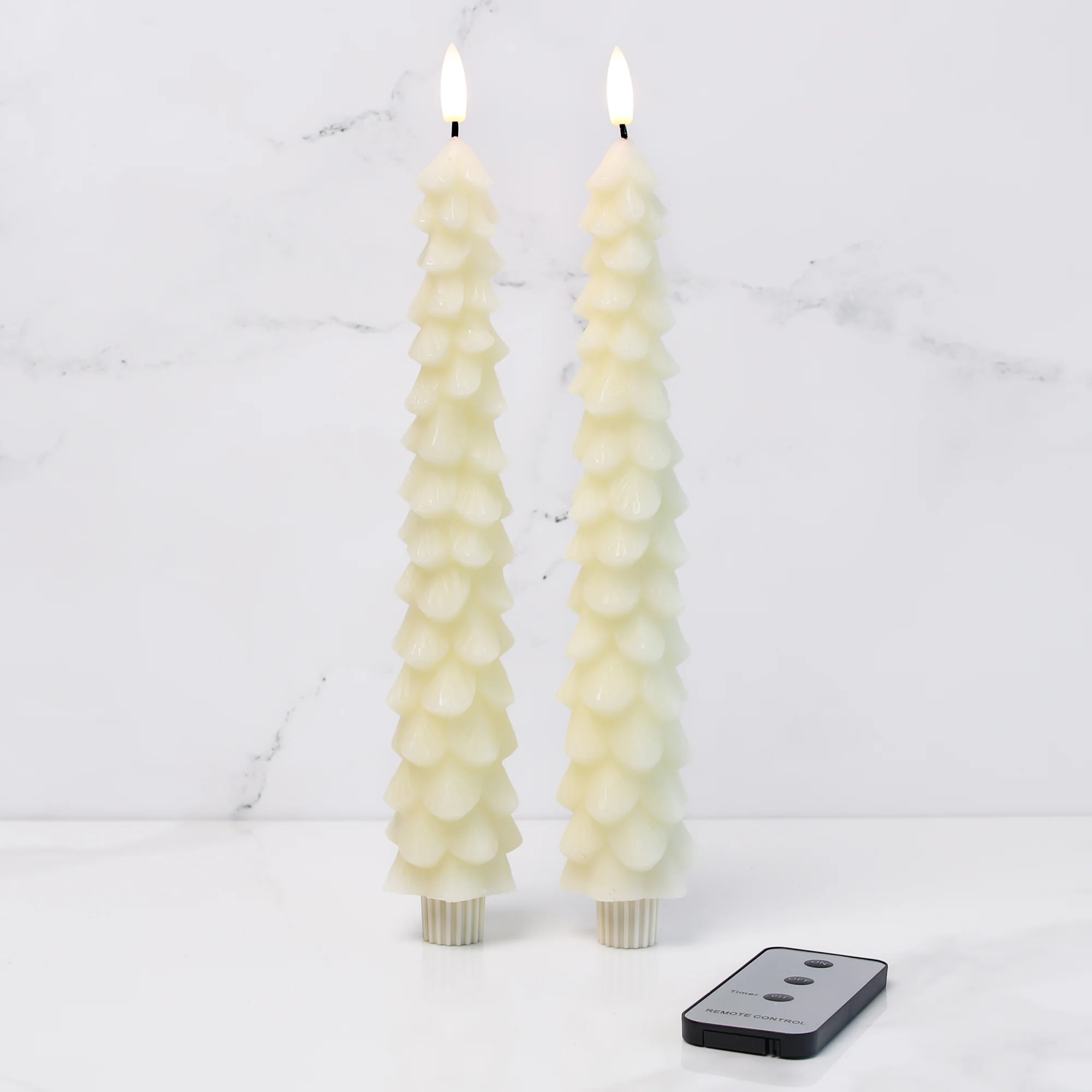Set of 2 Cream Tree Tapers with Remote | Interior Delights