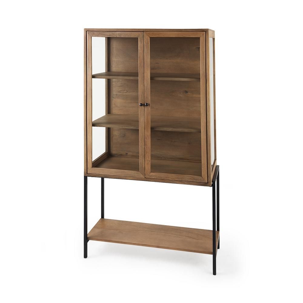 Mercana Arelius 36 in. L x 18 in. W x 63 in. H Light Brown Wood with Black Metal Base Curio Cabinet | The Home Depot