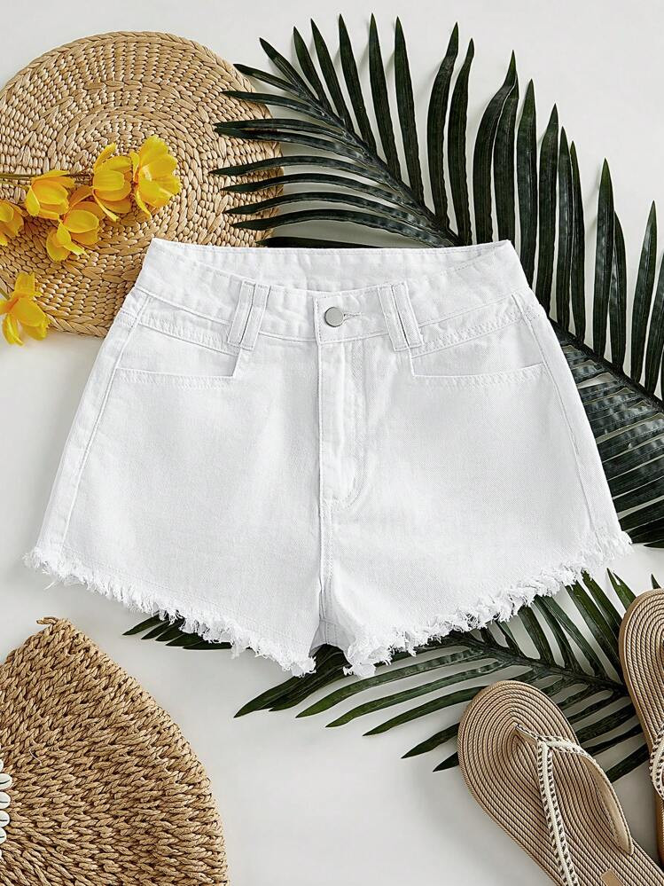 SHEIN Essnce Women's Pocket Frayed Hem Loose Casual Versatile Denim Shorts | SHEIN