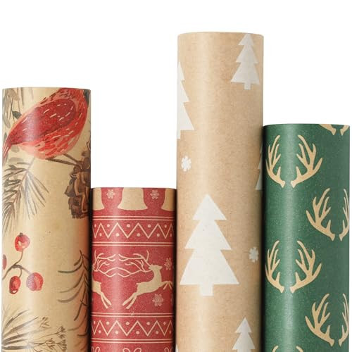 YANGTE Vintage Christmas Wrapping Paper - Brown Kraft Gift Wrap 4 Rolls, 17x120 Inch, Holiday Paper with Classic Brown and Red Patterns for Xmas Gifts | Amazon (US)