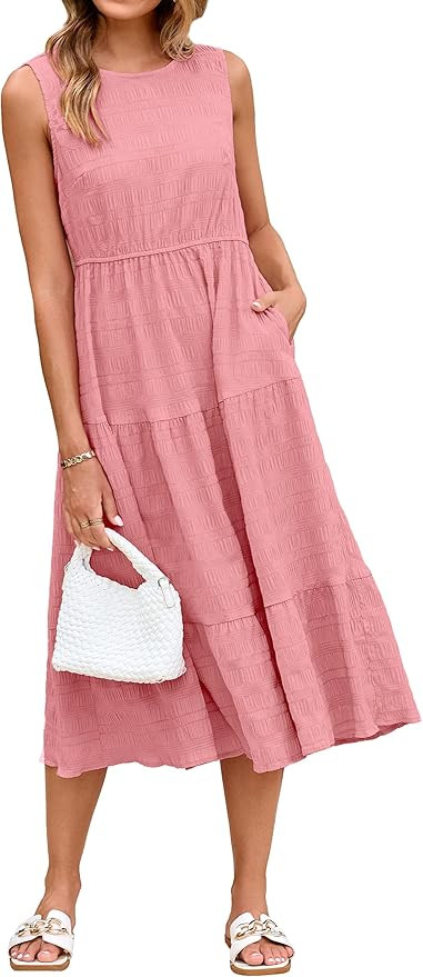 Simplee Women's Summer Casual Sleeveless Crewneck Sundress - A Line Flowy Tiered Midi Dress Long ... | Amazon (US)