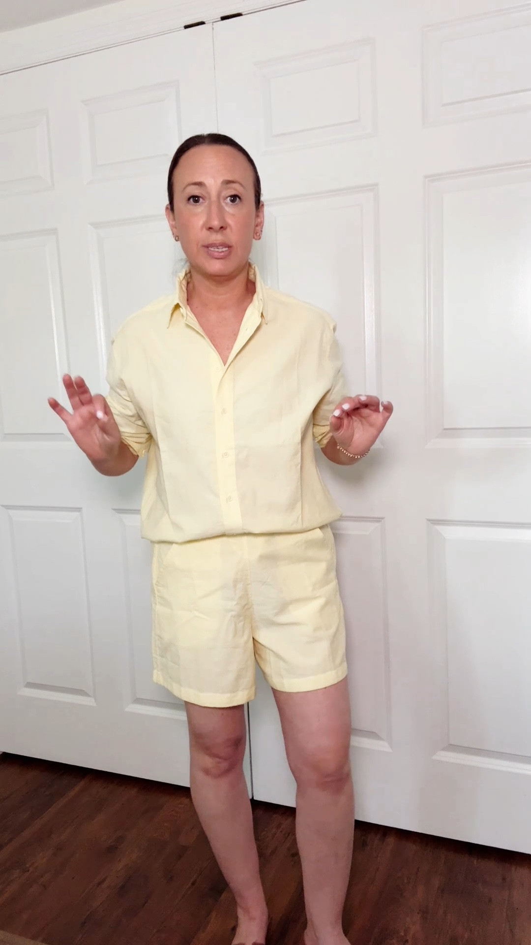 The Lemon Set You’ll Live In All Summer 🍋☀️

This pastel yellow Oxford shirt and shorts set is hands-down my go-to outfit for the season! It’s lightweight, breathable, and the lemon hue is the perfect pop of color for spring and summer wardrobes. ✨

Each piece is versatile and easy to style — wear the button-down shirt with jeans or tailored trousers, or pair the drawstring shorts with a white tee or tank for a laid-back vibe. I also love layering the shirt over a swimsuit for a quick beach-to-brunch look. 👙➝🍹

✨ Style tip: Wear the full set with sandals or sneakers, then add a straw bag and gold jewelry for an effortless, put-together outfit.
🛍 I sized down for a more tailored fit — I’m wearing an XS in the shirt and a S in the shorts. Both run a little big!

Whether you’re heading on vacation, running errands, or just want a cute but comfy outfit for everyday — this set is a summer wardrobe essential.

#LTKWorkwear #LTKSeasonal #LTKOver40