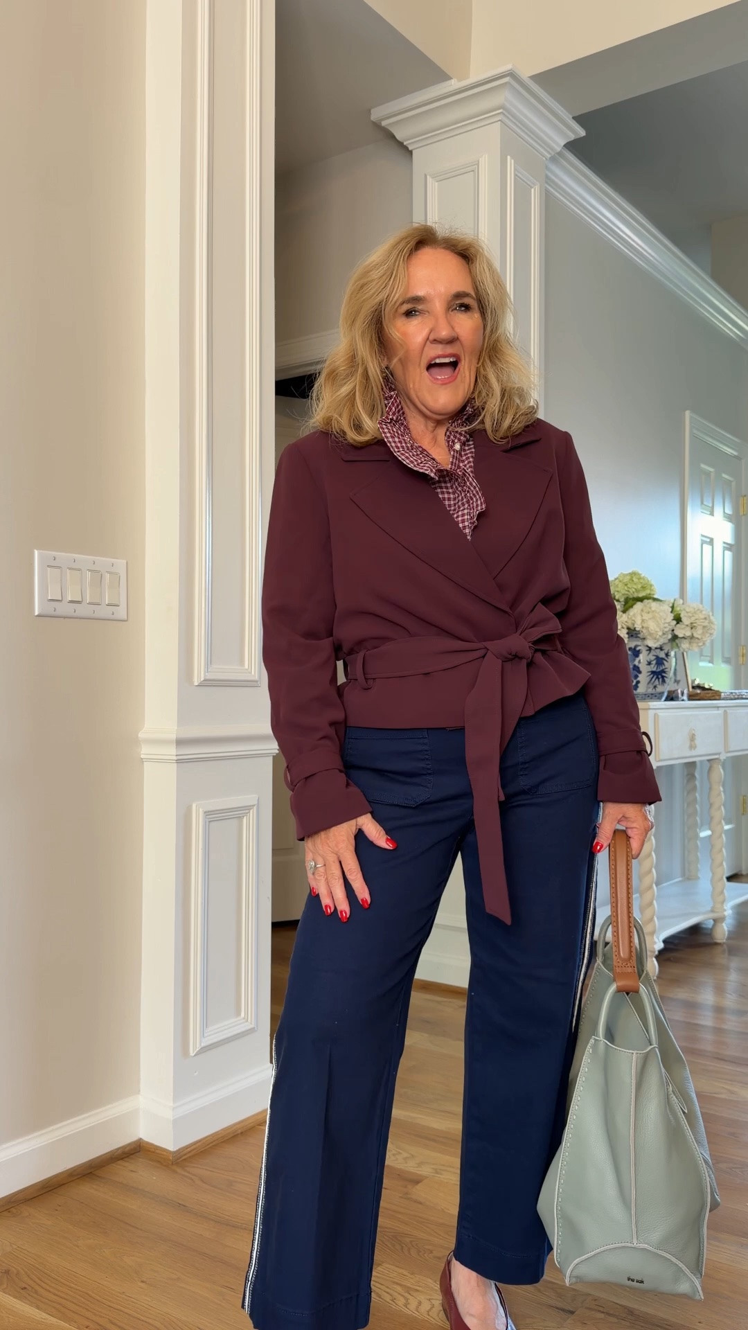 Ruffle blouse small petite 
Navy Palmer pants 8 reg 
Burgandy jacket med
Jelly tote 20% off code NANETTE20

#LTKOver40 #LTKPetite #LTKSaleAlert