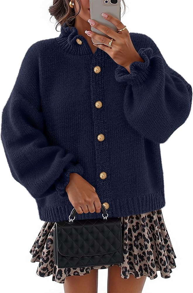 MEROKEETY Women's Fall 2025 Chunky Cardigan Sweaters Trendy Ruffle Button Down Long Sleeve Casual... | Amazon (US)