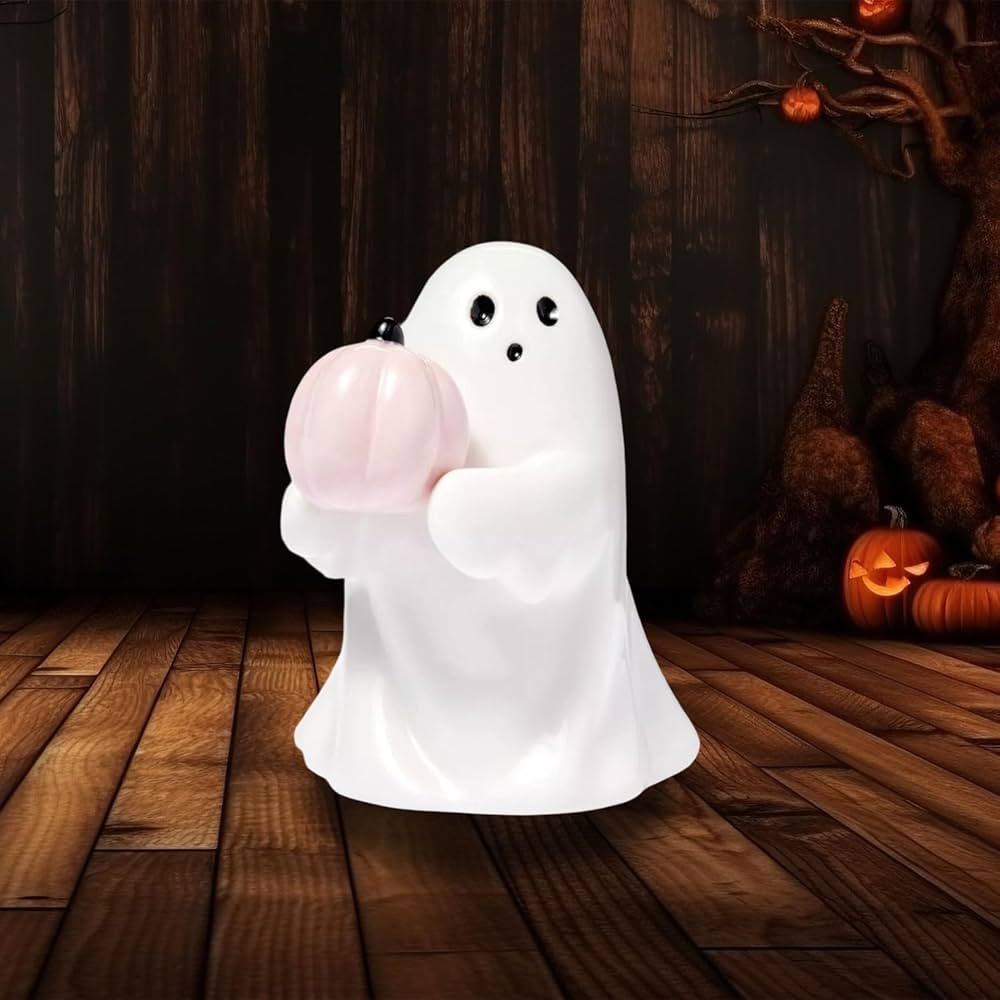 Halloween Ghost Figurine with Holding Pink Pumpkin, Funny Resin Ghost Statue Halloween Decor for ... | Amazon (US)