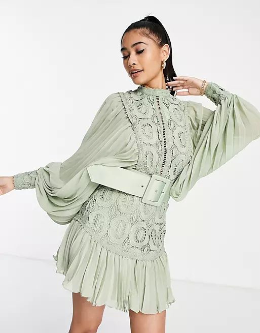 ASOS DESIGN lace mini dress with pleated sleeve and belt in forest green | ASOS (Global)