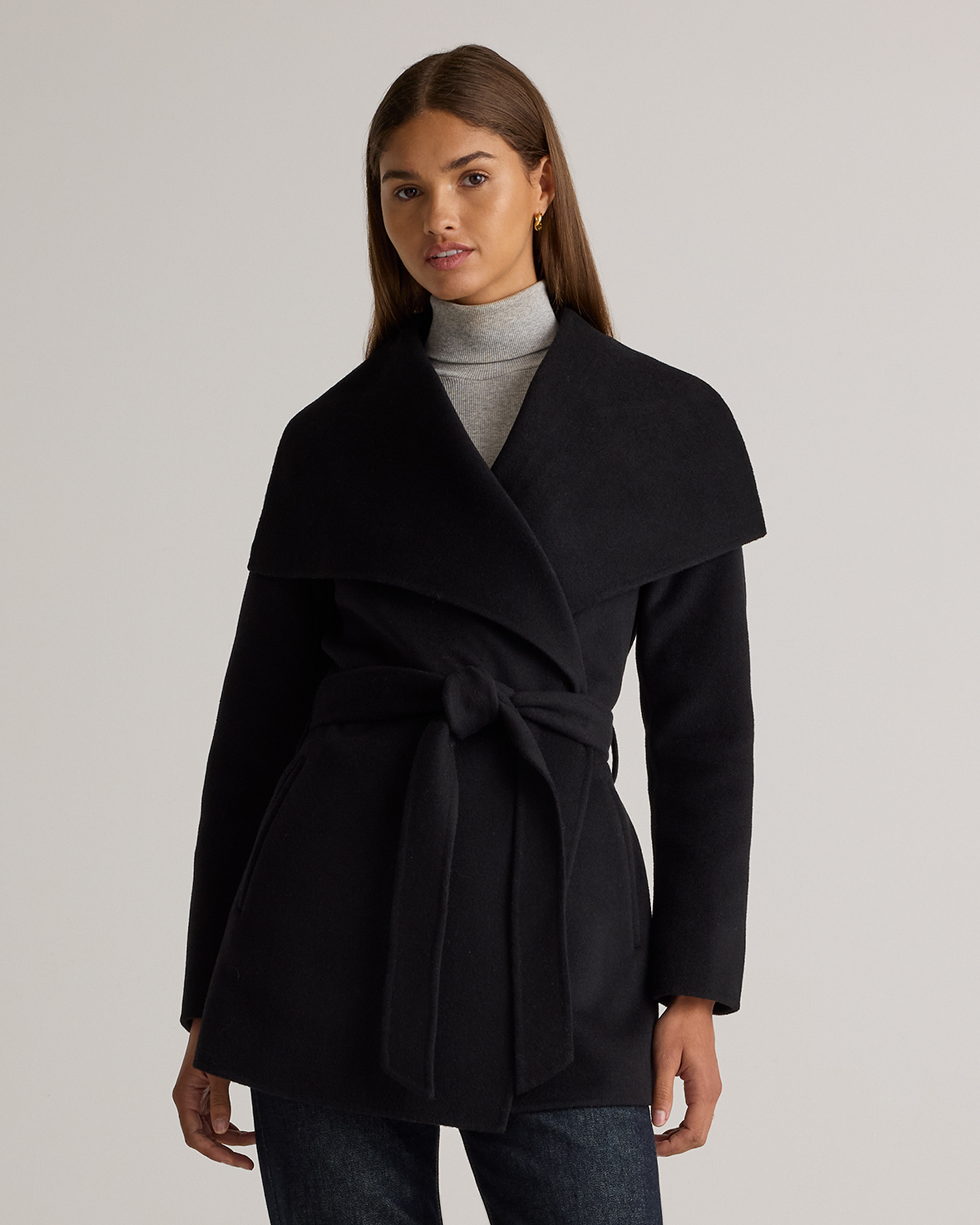 Quince | Women's Double-Faced Merino Wool Draped Collar Short Wrap Coat in Black, Size Large | Quince