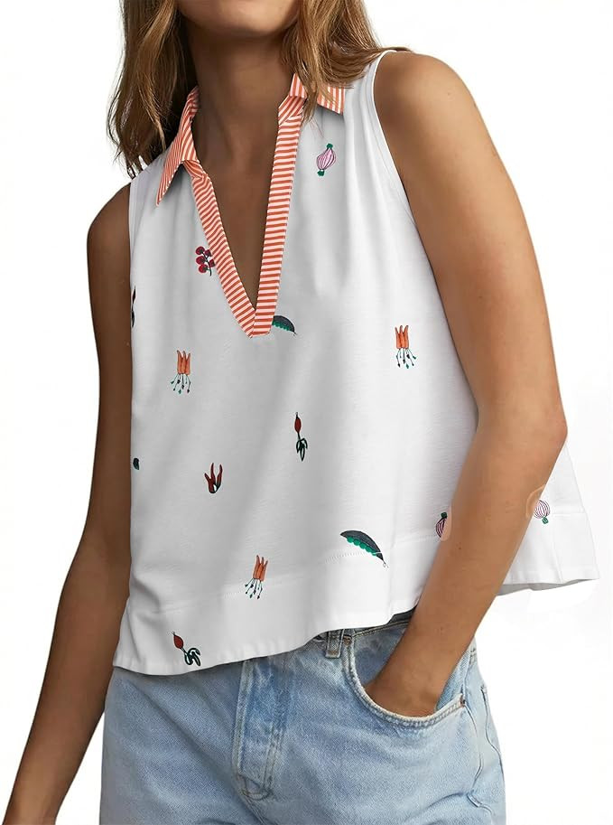 Tankaneo Womens Striped V Neck Tank Tops Summer Casual Collared Sleeveless Shirts Fruit Print Loo... | Amazon (US)