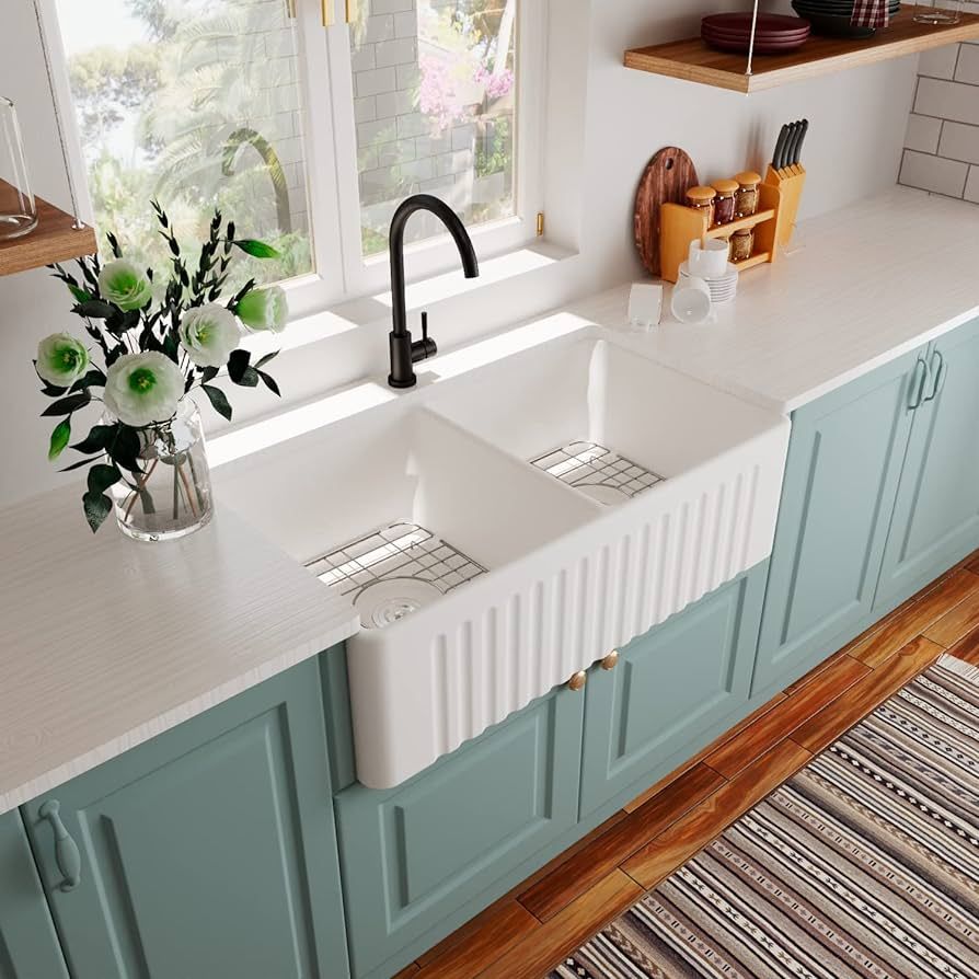 Double Bowl Kitchen Sinks,DeerValley DV-1K028 33" L x 18" W White Farmhouse Ceramic Kitchen Sink,... | Amazon (US)