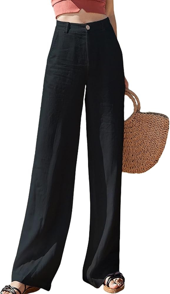 Hooever Womens Casual High Waisted Wide Leg Pants Button Up Straight Leg Trousers | Amazon (US)