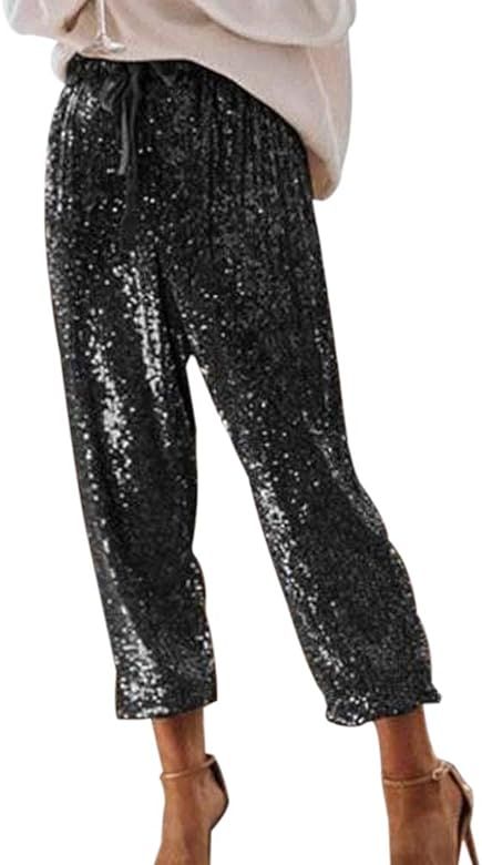 SCORP Women's Casual Glitter Bling Sequins Ruffle High Waisted Drawstring Long Pants Clubwear | Amazon (US)