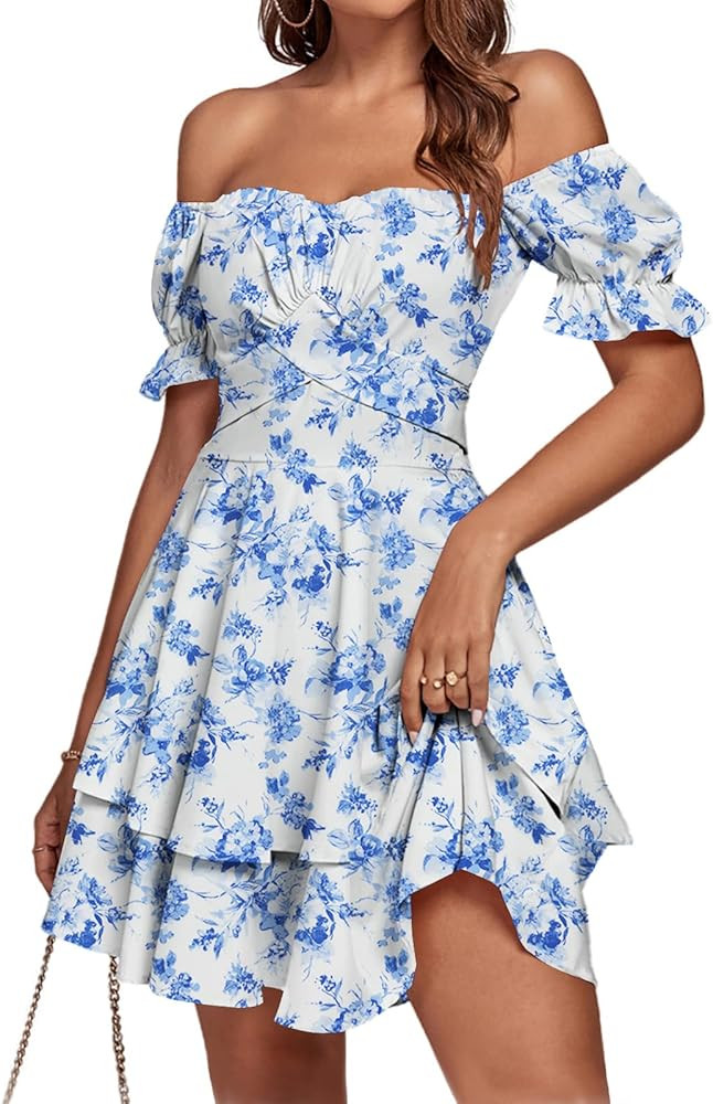 LYANER Women's Tie Back Off Shoulder Wrap Layer Ruffle A Line Short Sleeve Casual Mini Dress | Amazon (US)