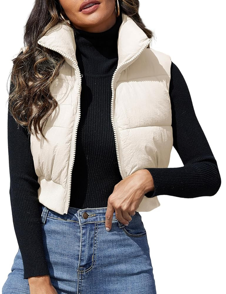 Dqbeng Cropped Puffer Vest Women Zip Up Stand Collar Sleeveless Outerwear Padded Crop Puffy Vests | Amazon (US)