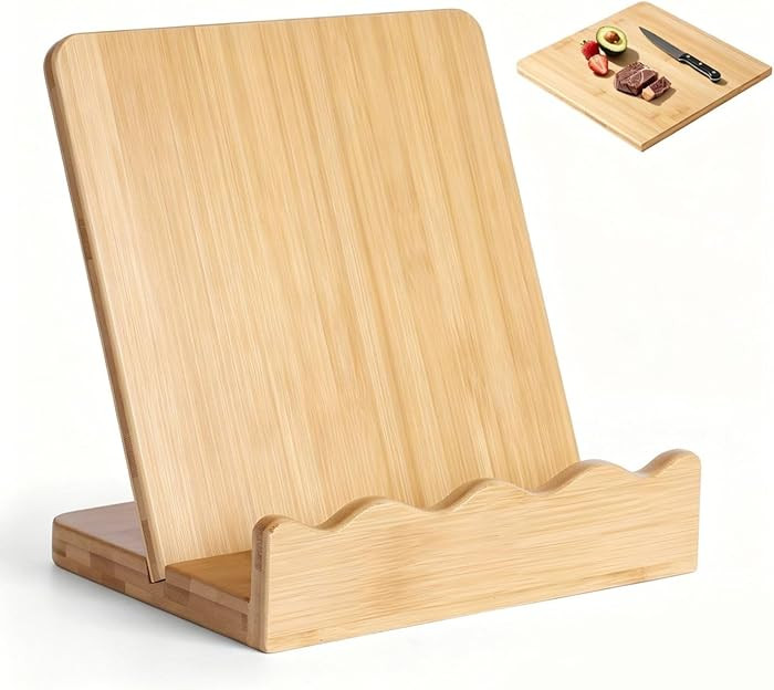 Scalloped Wooden Cookbook Stand with Removable Cutting Board \u2013 Adjustable Recipe Book Holder... | Amazon (US)