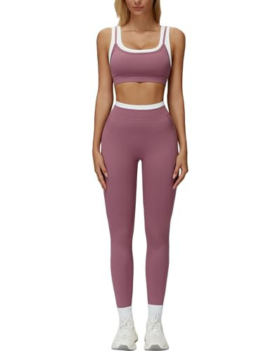 2 Piece Workout Sets for Women Color Block Racerback U Back Crop Tank Sports Bra Matching Tummy Control Leggings Womens Two Piece Active Wear Set Athletic Gym Yoga Pilates Outfits Purple XS | Amazon (US)