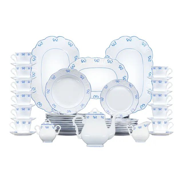Vintage Vista Alegre Ruban Blue Tea Porcelain Coffee & Dinnerware Set- 47 Pieces | Chairish
