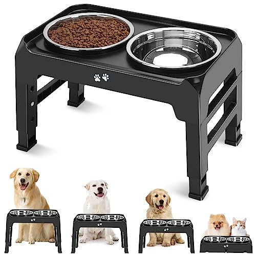 Elevated Dog Bowls, 4 Height Adjustable Raised Bowl Stand with 2 Thick 50oz Stainless Steel Food Feeder Bowls Non-Slip for Medium Large Dogs Adjusts to 3.7", 9.2", 10.75", 12.36" Black | Amazon (US)