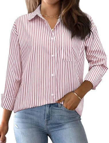AISEW Womens Striped Button Down Shirts Oversized Long Sleeve Collared Office Work Blouses Tops with Pocket (Striped Dusty Rose, 7002S) | Amazon (US)