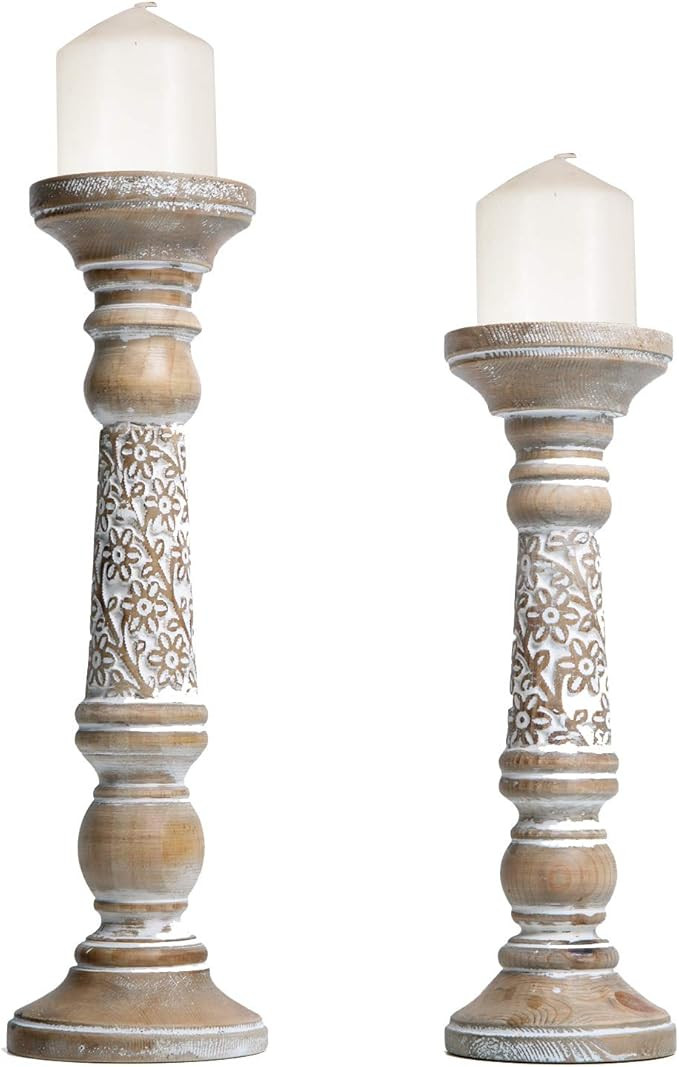 NIKKY HOME Candle Holder Wood Hand Carved Boho Style Decorative Candlestick Holders - Set of 2-12... | Amazon (US)