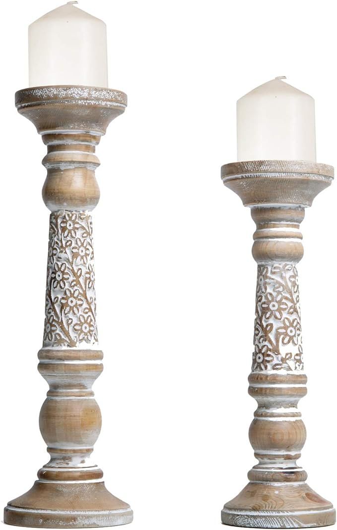 NIKKY HOME Candle Holder Wood Hand Carved Boho Style Decorative Candlestick Holders - Set of 2-12... | Amazon (US)
