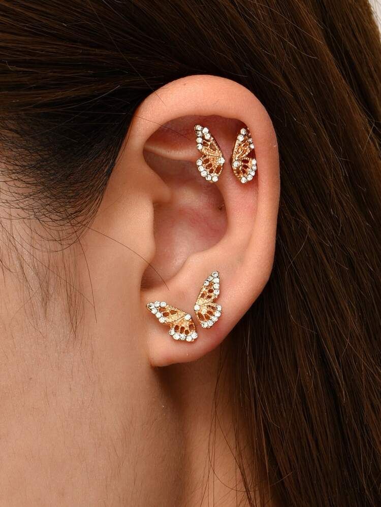 2pairs Rhinestone Butterfly Decor Stud Earrings | SHEIN