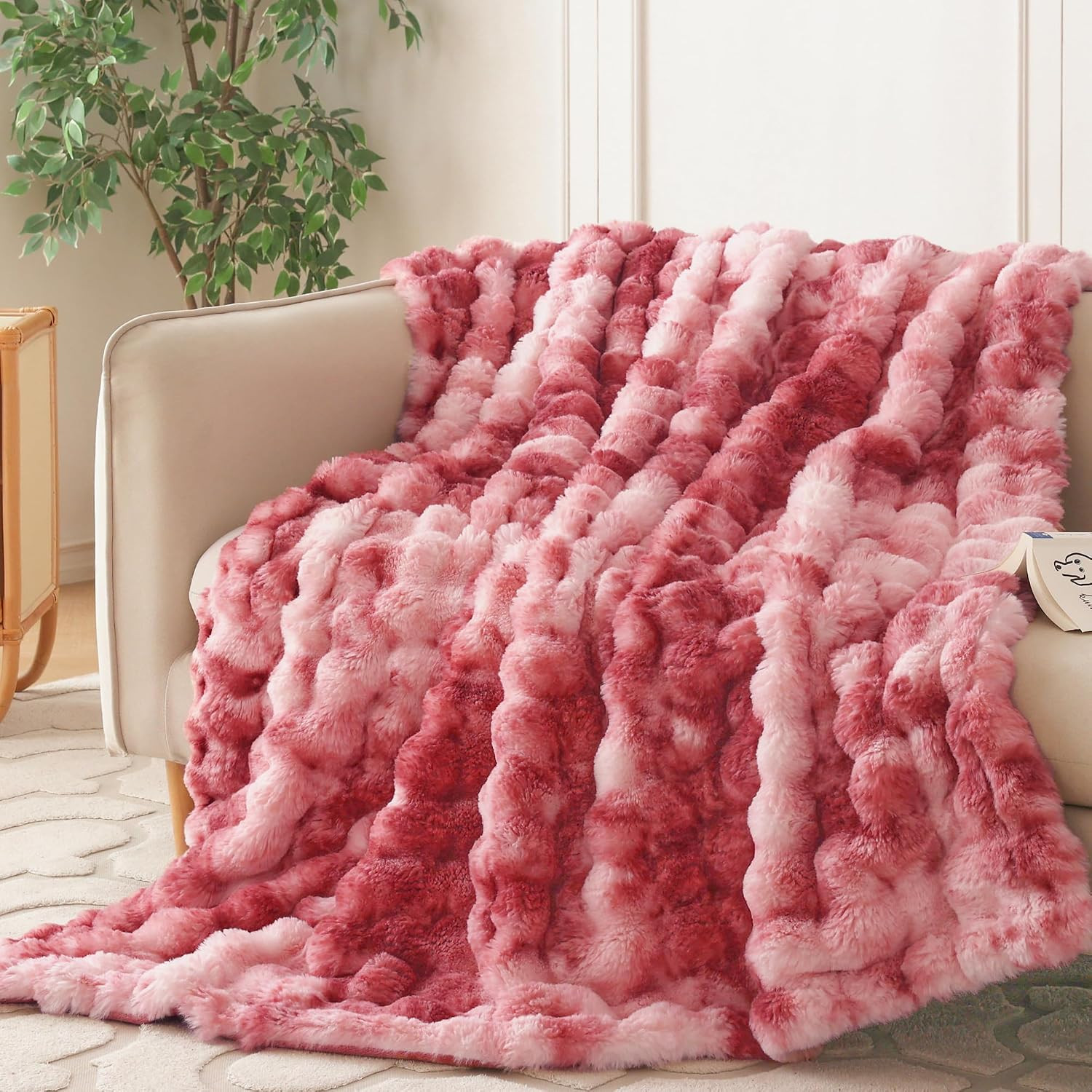 COOVA Faux Fur Throw Blanket for Couch, Cozy Soft and Fuzzy Plush Rabbit Fur Bubble Blanket for Sofa Bedroom Living Room, 50x60 Inches Tie Dye Magenta | Amazon (US)