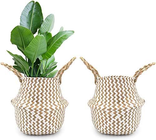 Nicunom 2 Pack Seagrass Belly Basket White Zigzag Pattern, Foldable Hand Woven Plant Basket with Han | Amazon (US)