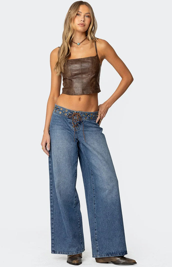 Edikted Women's Stud & Grommet Low Rise Jeans in Blue - Size XL | PacSun