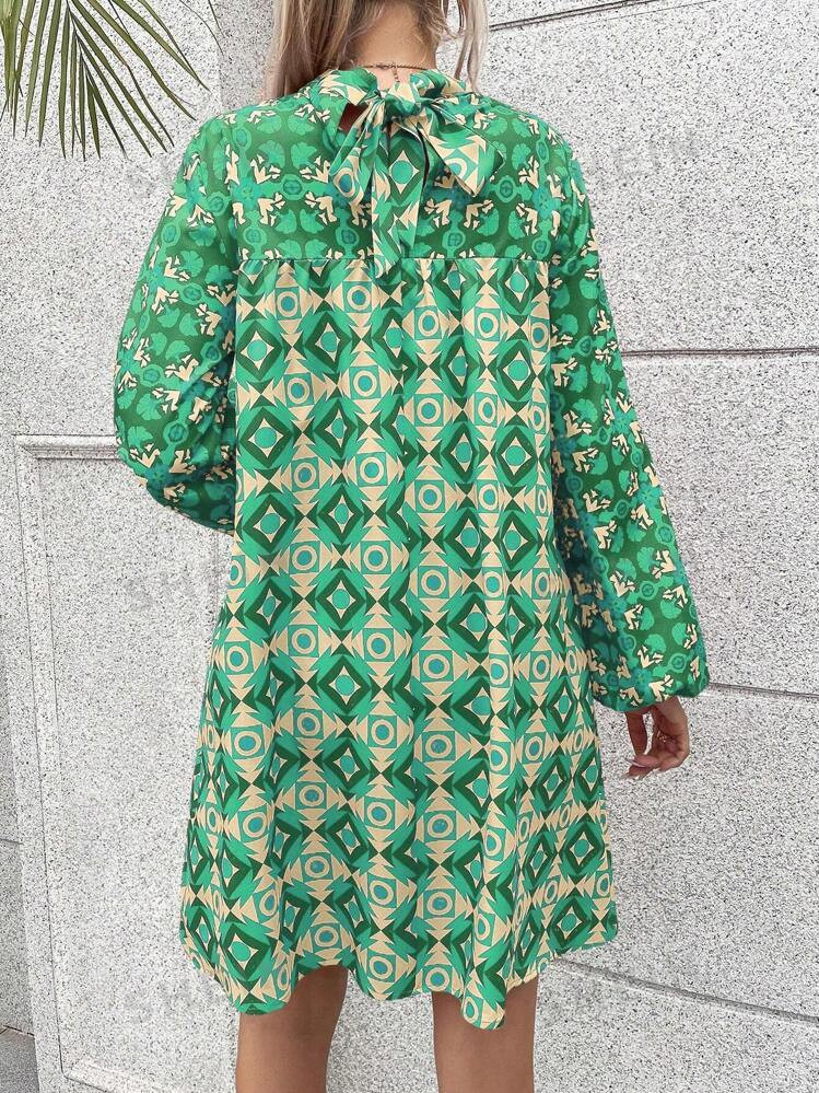 SHEIN LUNE Allover Print Mock Neck Lantern Sleeve Dress | SHEIN