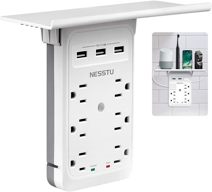 Socket Outlet Shelf,NESSTU 9 Port Multi Plug Wall Outlet Surge Protector with 3 USB (3.4A) Chargi... | Amazon (US)