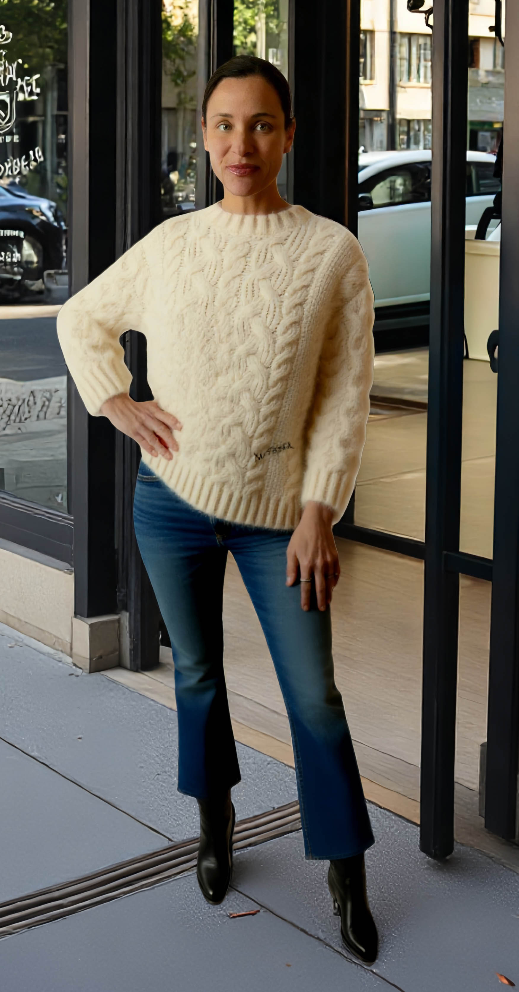 MOTHER The Biggie Jumper Sweater Drinking By The Fire, MOTHER The Hustler Ankle Jeans in Bending the Rules, KHAITE Clive Leather Boots 

 #LTKSeasonal #LTKOver40 #LTKShoeCrush