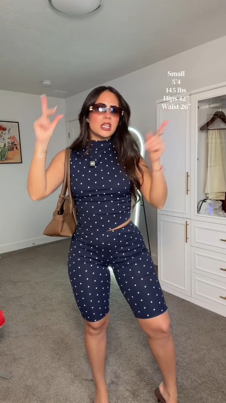 Obsessed with this navy polka dot set! 🤍 Mock neck top, matching bermuda shorts — such a fun, put-together look! 

 #LTKgrwm #LTKootd #LTKSeasonal