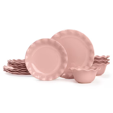 Paris Hilton Heiress Collection 12-Piece Stoneware Dinnerware Set, Plates & Bowls Dish Set, Service for 4, Microwave & Dishwasher Safe, Rose Pink with Scalloped Ruffle Rim | Walmart (US)