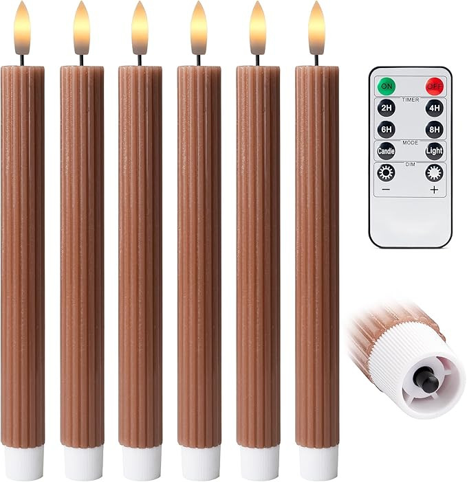 6 Pack, 10" LED Flameless Brown Tan Fluted Ribbed Grooved Taper Candles, Remote & 24h Timer Memor... | Amazon (US)