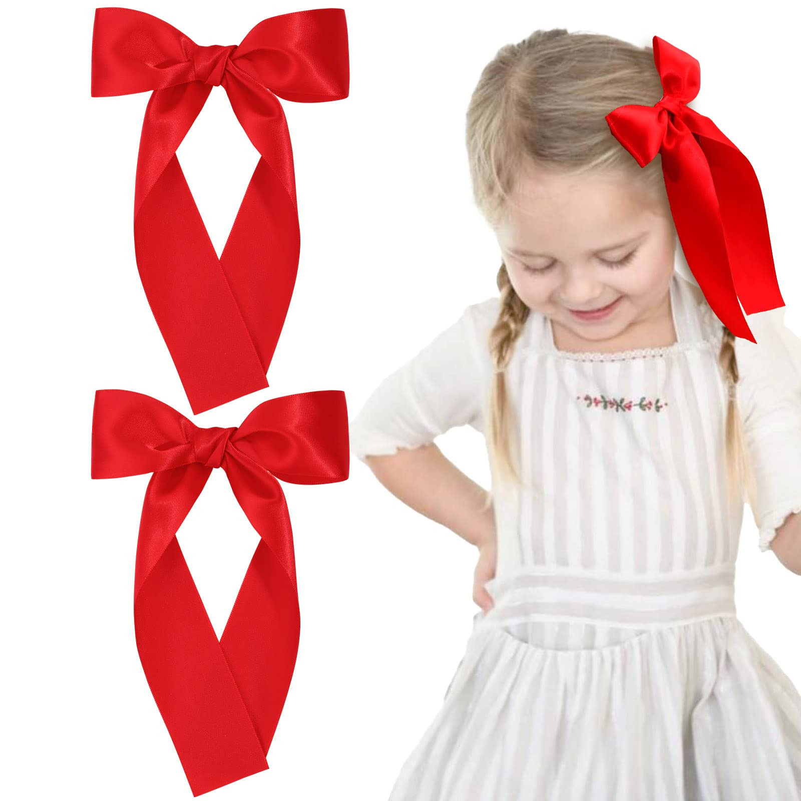 2Pcs Long Ribbon Hair Bows for Girls Hair Clip Silk Hair Bow Ribbon Hair Accessories for Baby Tod... | Amazon (US)
