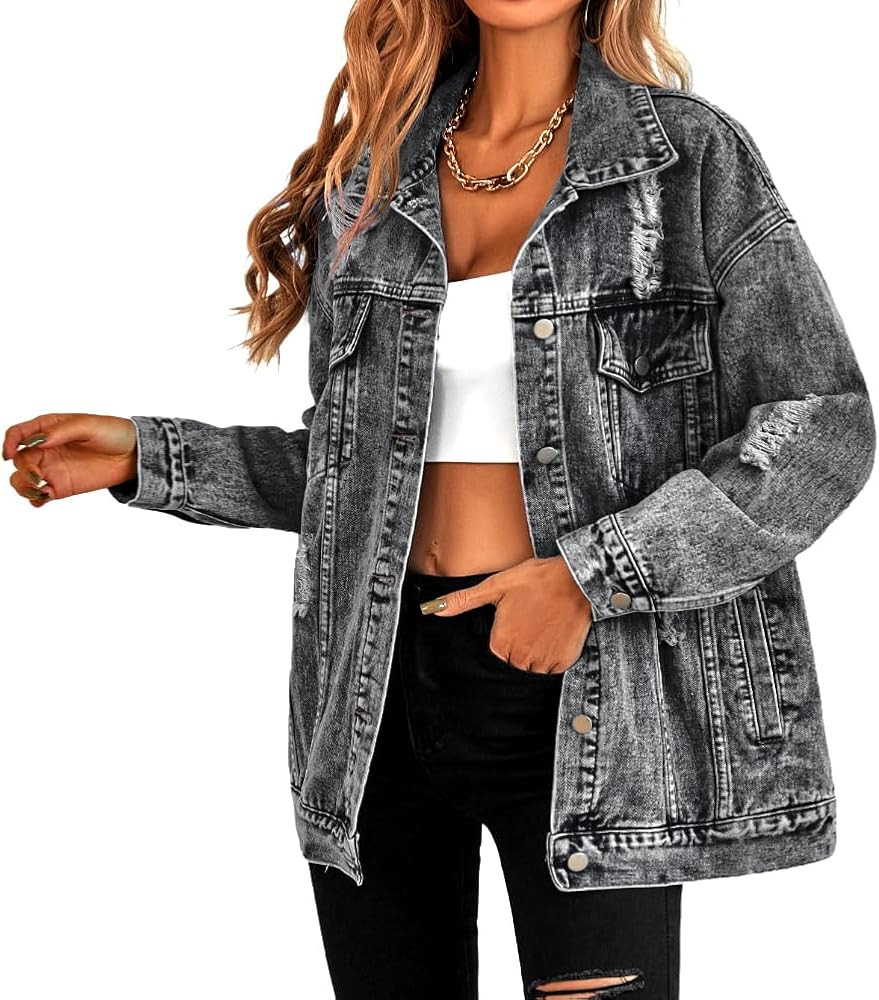Oversize Denim Jacket for Women Ripped Jean Jacket Boyfriend Long Sleeve Trucker Coat | Amazon (US)