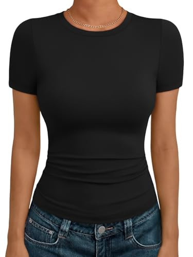 AUTOMET Women's Crew Neck Short Sleeve Summer Basic T-Shirt Stretchy Tight Fitted Soft Going Out Workout Gym Tops Black M | Amazon (US)