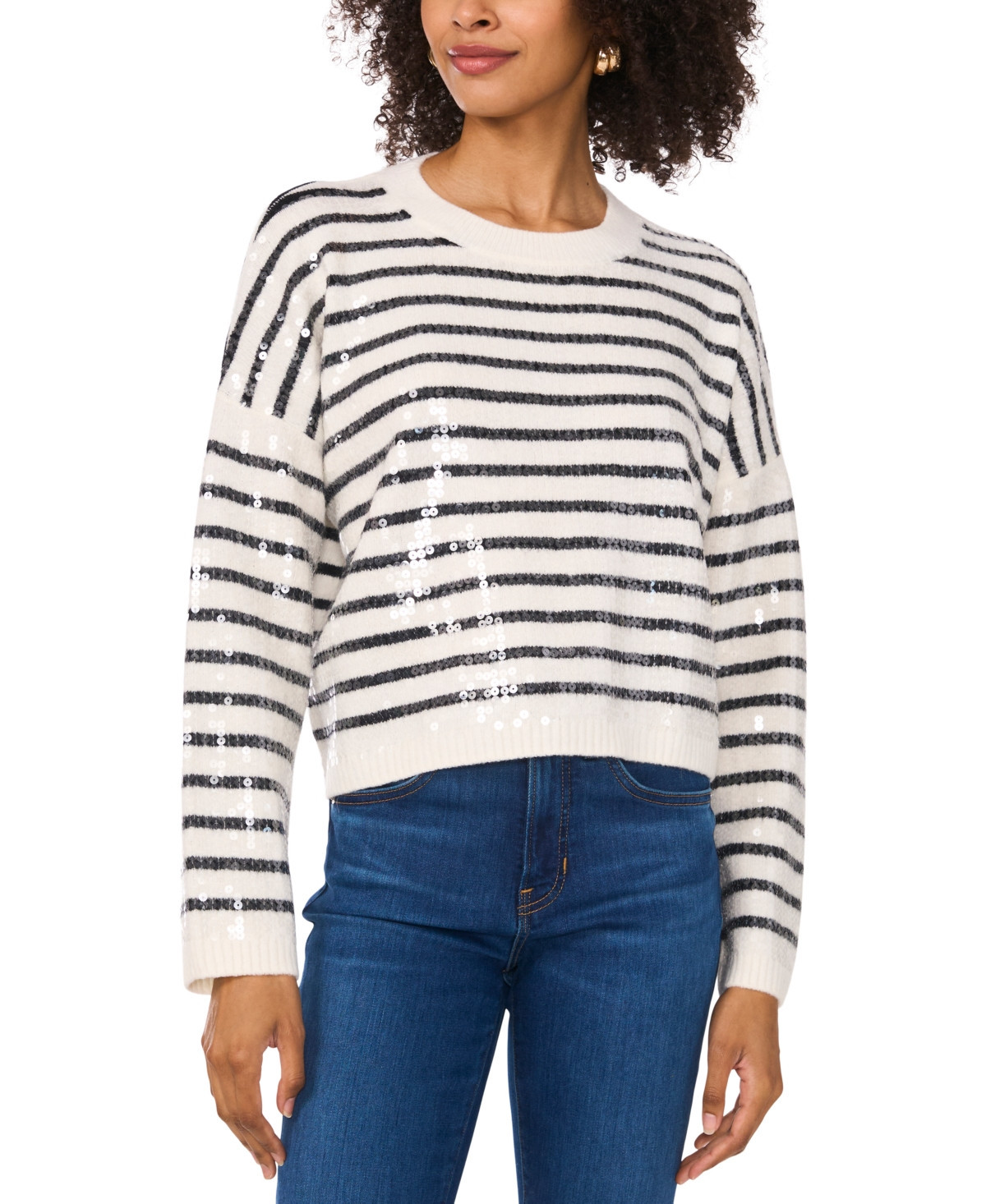 Vince Camuto Women's Striped Sequined Crewneck Sweater - Antique White | Macy's
