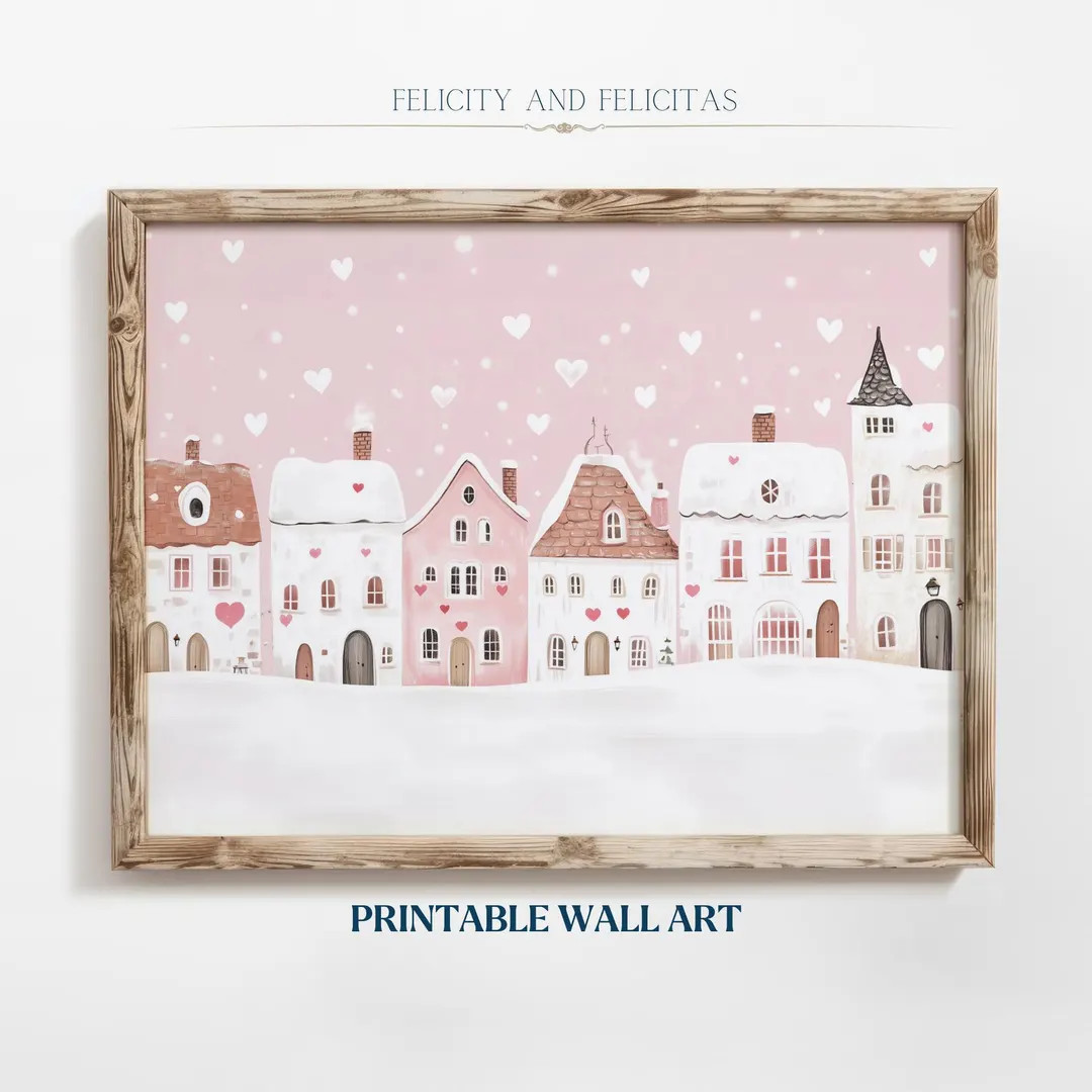 Printable Cute Valentines Day Wall Art, Pink Valentine Village Art, Valentines Day Painting, Roma... | Etsy (US)