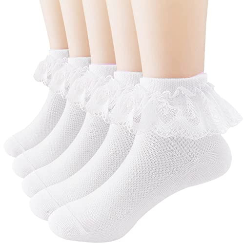 5 Pairs Toddler Baby Girls Lace Ruffle Socks with Bow White Mesh Cotton Frilly Princess Crew Ankle Socks for Kids | Amazon (US)